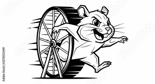 Cartoon Hamster Running Fast in Exercise Wheel Line Art