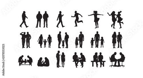 Silhouettes of people in various poses and interactions representing family couples friends and social gatherings.