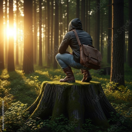 Lone traveler in hooded jacket and leather bag crouches on mossy tree stump in dense pine forest at sunset enjoying peaceful nature