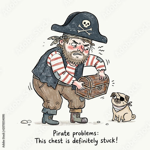 Fotografie A frustrated pirate struggles with a stuck treasure chest, observed by his pug companion with an eye patch