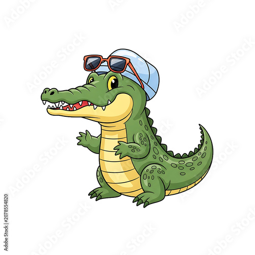 Cute Cartoon Crocodile Wearing A Blue Hat And Orange Sunglasses On A Isolated White Background