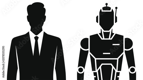 Human Employee vs Robot Employee Silhouette Vector Illustration: Minimalist Concept of AI Automation, Future Work Competition, Corporate Artificial Intelligence