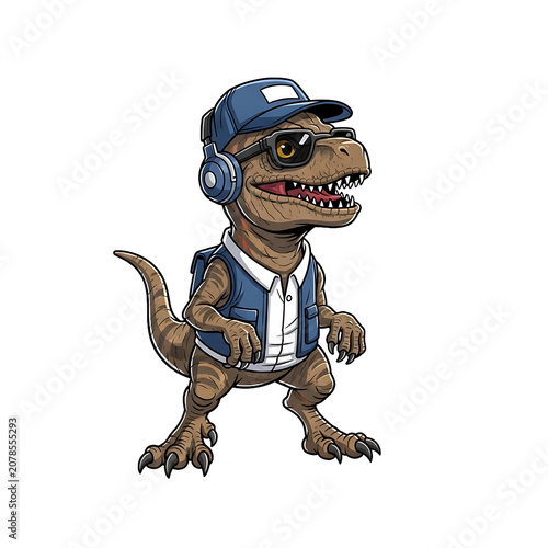 Pixel Art Tyrannosaurus Rex Wearing Blue Baseball Cap Sunglasses Headphones And Vest Isolated On White