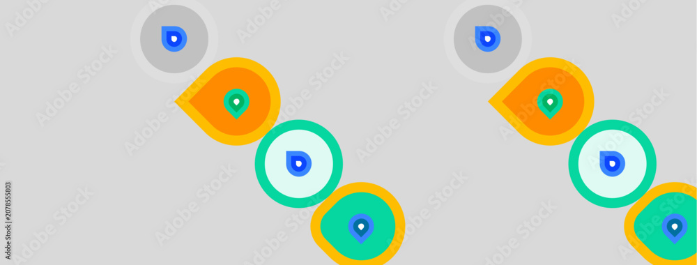 Fototapeta premium Abstract design features colorful circles, teardrops, plus light gray background. Shapes overlap creating visual interest. Simple, modern aesthetic.