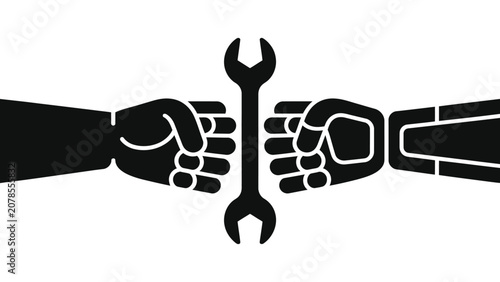 Canvastavla Human Hand Passing Wrench Tool to Robot Hand Vector Illustration