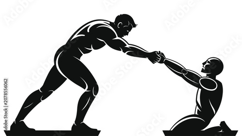 Human Helping Robot Upward Vector Illustration: Concept of AI Collaboration, Human-Robot Partnership, Support, and Future Technology Integration. Black Silhouette Style Isolated on White.