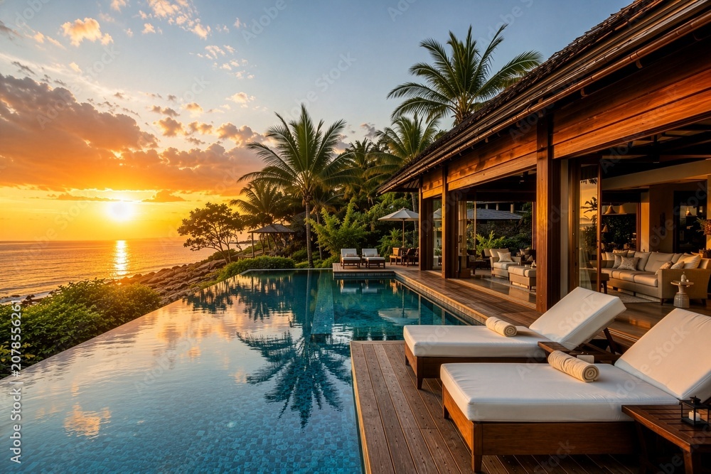 Fototapeta premium Luxury Tropical Resort Villa with Infinity Pool at Sunset