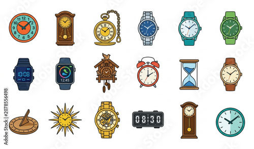 Fotografie Timepiece Icon Collection with Wall Clocks Wristwatches Pocket Watches and Hourg