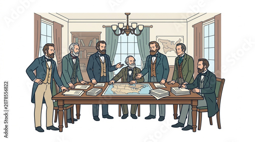 Fotografie Group of men gathered around a table discussing a map.