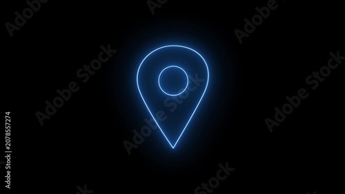 Glowing blue neon map pin location icon animation. Abstract line art GPS position pointer navigation map marker on black background & 4k video.
