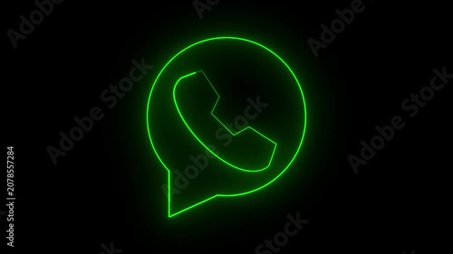 Glowing green neon social media chat app logo icon animation. Abstract line art communication messenger speech on black background.