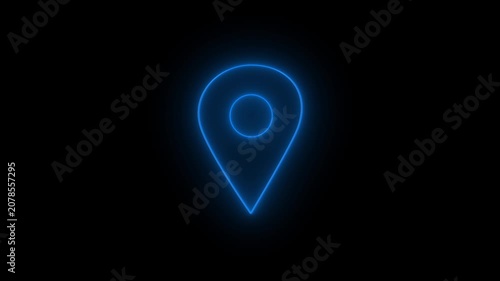 Glowing blue neon map location pin outline animation. Abstract line art travel destination or black background.