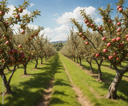 The apple orchard is full of ripe, delicious-looking apples.