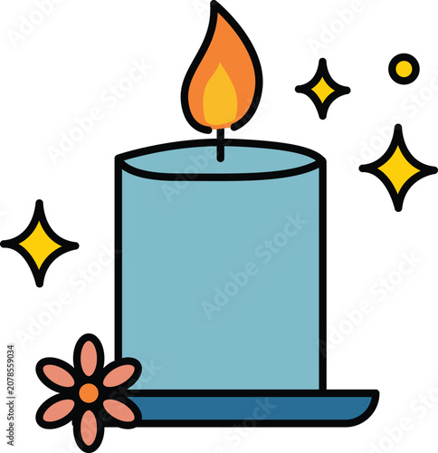 Aromatherapy Spa Candle Icon with Glowing Flame and Stars