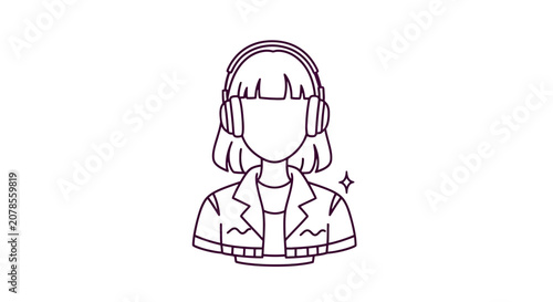 Woman Wearing Headphones Simple Line Drawing.