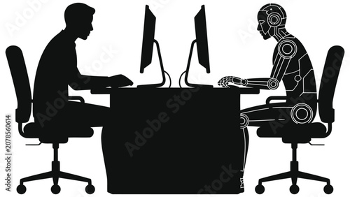 Human vs AI AI in Workplace Concept Minimalist Vector Silhouette of Businessman and Robot Working at Office Desk with Computers Future of Work Automation and Technology Integration