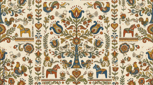 Traditional folk art pattern with floral motifs and animals.
