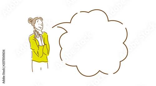 手を上げて笑顔で喜んでいる女性の上半身と吹き出しのイラスト素材