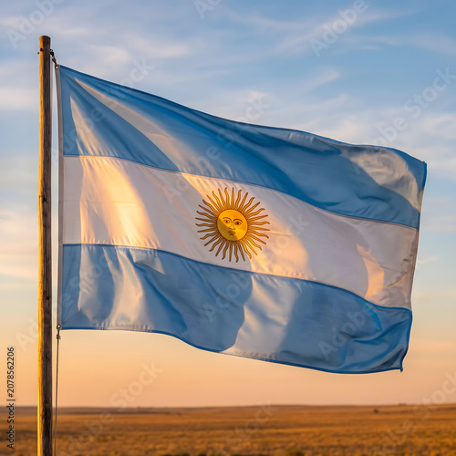 Argentine Flag Waving Over Sunny Landscape with Blue and White National Colors and Patriotic Symbol