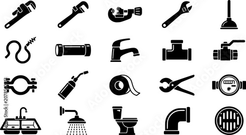 Plumbing Tools and Fixtures Icons Vector Illustration Set