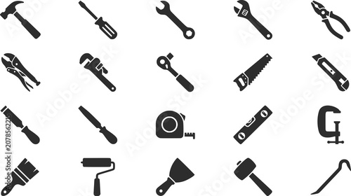 Schilderij op canvas Hand Tools Silhouette Icon Set, Construction and DIY Vector Illustration