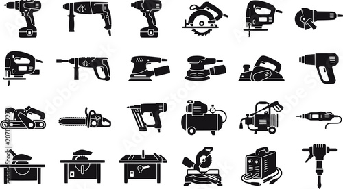 Power Tools and Construction Equipment Icon Set Vector Illustration