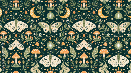 Whimsical Moth and Mushroom Pattern with Celestial Elements.
