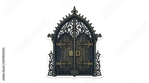 Intricate Gothic Arched Gate with Ornate Ironwork and Gargoyles Illustration