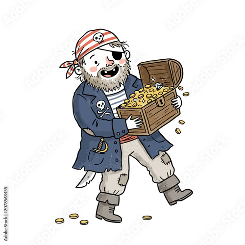 Fotografie Happy pirate holding wooden treasure chest full of gold coins and gems