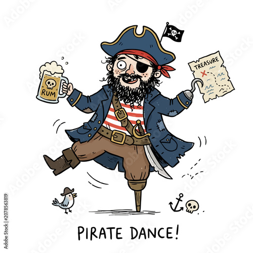 Foto Happy pirate doing a jig with rum and treasure map, dancing with one leg