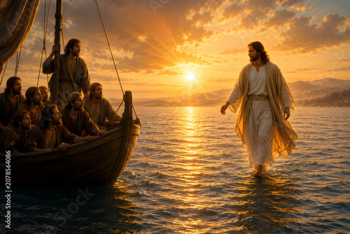 Jesus Christ walking across peaceful water beneath glowing sunrise, disciples watching in awe from fishing boat, faith and miracles concept