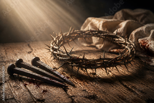Crown of thorns resting beside three large iron nails on weathered wooden table, sacrifice, redemption and Easter concept