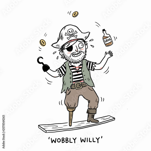 Quadro su tela Wobbly pirate Willy with hook hand and grog bottle on plank, cartoon character illustration