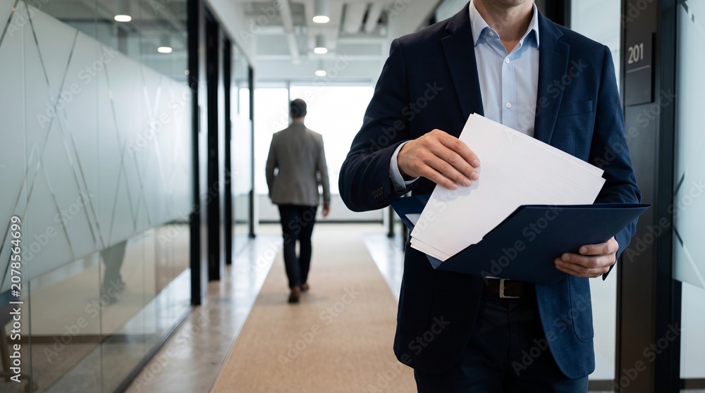 Fototapeta premium Professional business man wearing a dark suit holds white paper documents inside a modern office