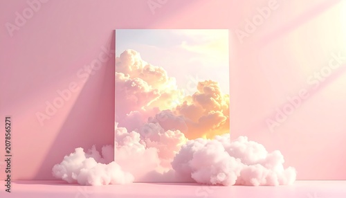 A serene digital artwork featuring fluffy clouds and a pastel sky