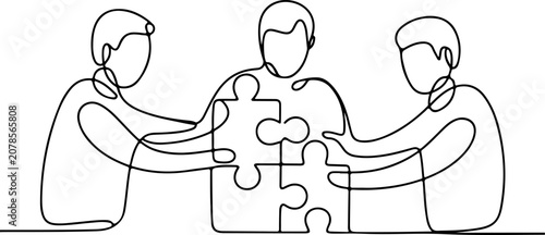 Continuous line drawing of business team connecting puzzle pieces for cooperation and teamwork