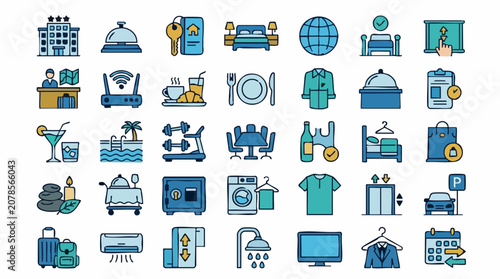 Foto Flat vector icon set for hotel services, accommodation, and travel amenities