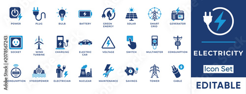 Bild auf Leinwand Electricity and renewable energy solid icon set
