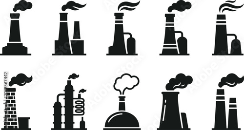 Bild auf Leinwand Industrial factory smokestack silhouette collection, power plant and manufacturi