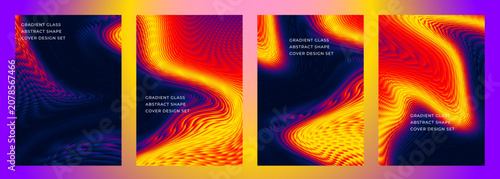 Vibrant gradient glass abstract covers with fluid wave shapes and colorful distortion poster background design set, suitable for magazine, catalog, flyer, cover, etc.