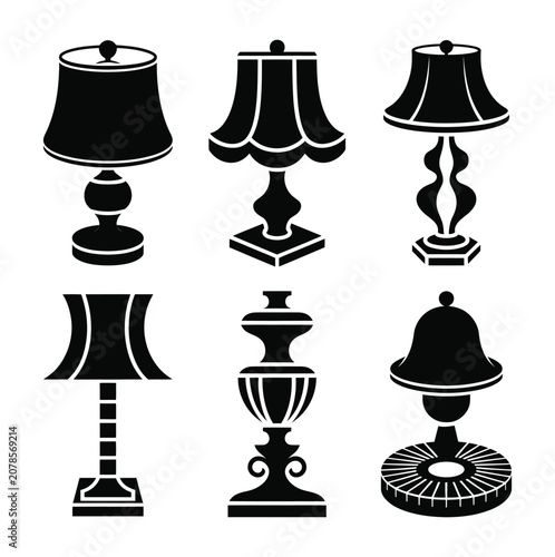 Konstfotografi Table lamp silhouette vector icon set retro desk light sign