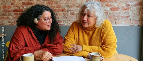 Two women having a candid conversation over a notebook in a cafe for language exchange and inclusive education concepts