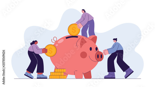 Group of people work together to save money by putting large gold coins into a giant pink piggy bank for financial security.