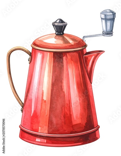 A shiny red coffee grinder with a copper handle and base