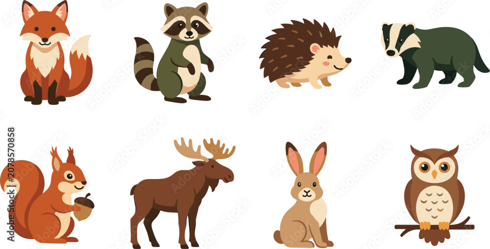 Naklejka premium Cute cartoon woodland forest animals vector illustration set isolated on white background