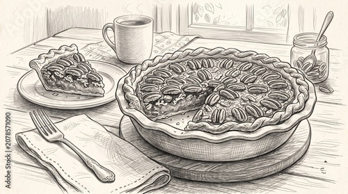 Pencil Sketch Drawing of Pecan Pie and Slice