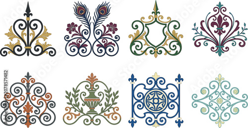 Vintage wrought iron ornaments and decorative flourish design elements set isolated on white background