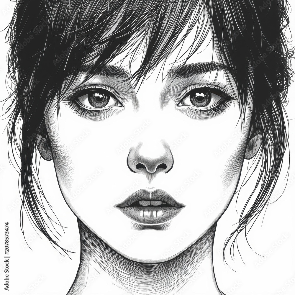 Obraz premium Detailed black and white sketch of a young woman