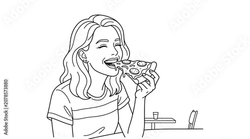 Fotografía A joyful young woman happily eating a delicious slice of pizza, with her eyes cl