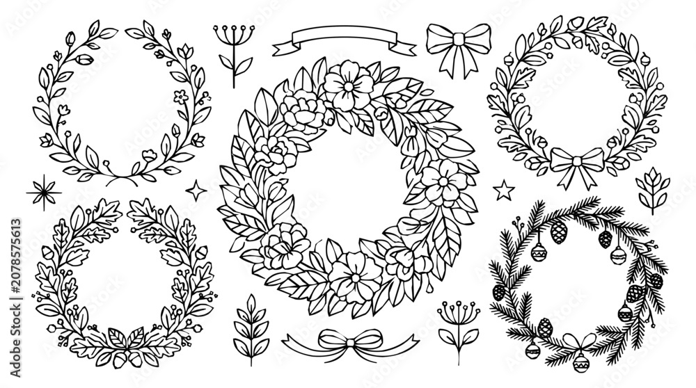 Fototapeta premium Hand-drawn botanical floral wreath and decorative frame collection for wedding invitation design